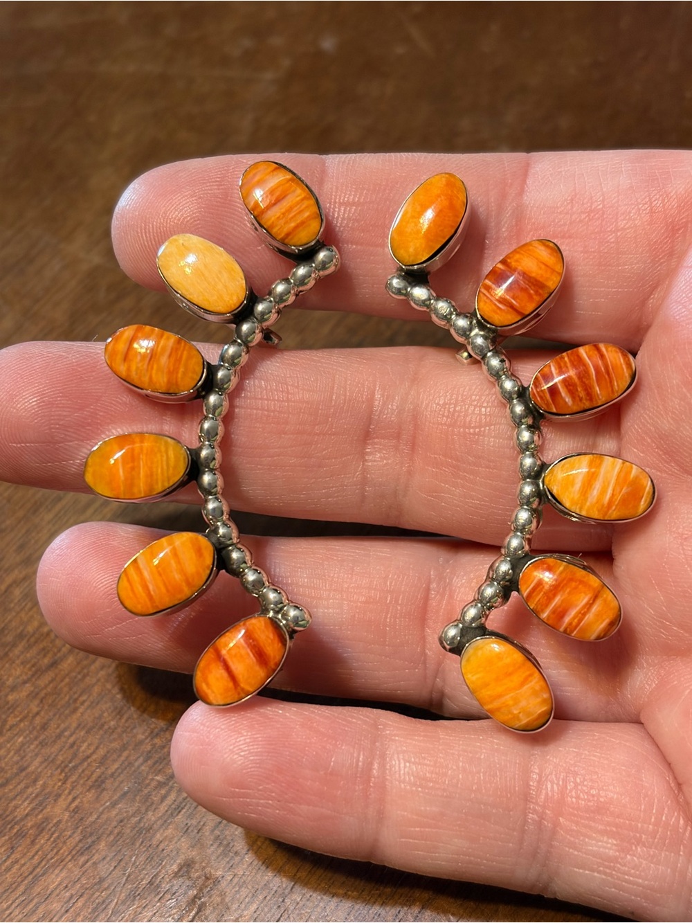 Native American Orange Spiny Ear Crawler Earring Pair Running Bear 925 silver
